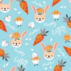 Easter bunny and chickens in an eggshell.Colorful seamless repeat  pattern on blue background.Rabbit head,carrot and handwritten text.Cute endless wallpaper.Vector cartoon flat style illustration.
