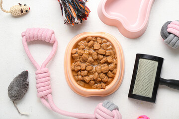 Composition with bowl of wet food and pet care accessories on light background