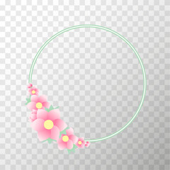 Round vector frame with pink colors on a transparent background. Beautiful green frame, summer and spring flowers with green leaves and space for copy