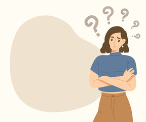 Young curious woman standing with question marks and blank space. Wondering girl. Doubt character for presentation, advertising, banner. Flat vector illustration.