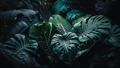 Closeup beautiful nature view of tropical green leaves and palms background. Flat lay, dark nature concept.