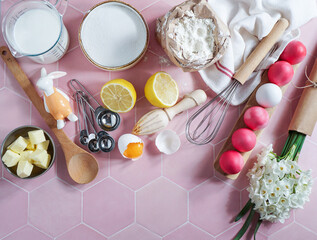 Easter culinary background. food ingredients composition on the kitchen table and copy space for a text menu or recipe