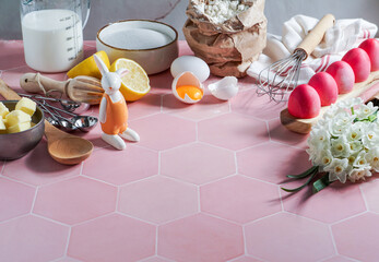 Easter culinary background. food ingredients composition on the kitchen table and copy space for a text menu or recipe