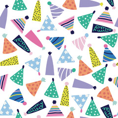 Seamless pattern with funny paper caps. Party print. Vector hand drawn illustration.