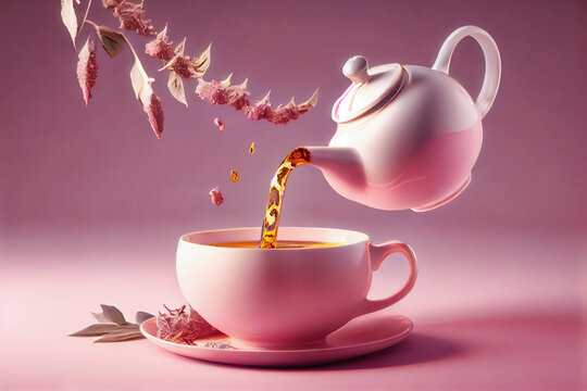 Dry herbal tea pouring from white porcelain teapot into cup on pink surface. Flat lay. Tea time concep.Generative AI. 2