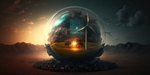 Fototapeta na wymiar renewable energy ecosystem inside crystal ball, generative ai