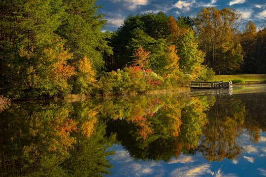 Shorts Lake is surrounded by hardwood trees showing fall color, in Crowders Mountain State park, North