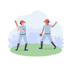 Flat characters play baseball. Game scene isolated on white background.