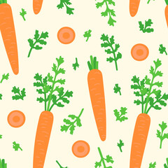 Vector seamless pattern of fresh carrots and greens on yellow background.