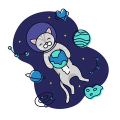 Cute domestic gray cat flies in outer space and plays with the planet in its paws. Funny illustration isolated on white background.