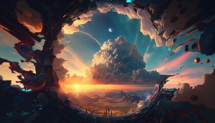 Very beautiful fantastic another world. Fantasy background. AI generated - obrazy, fototapety, plakaty