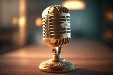 Vintage microphone. The concept of recording audio singing and blogging podcasts. AI generated, human enhanced