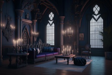 Living room of a large, Gothic vampire castle. Dracula's castle. AI generated - obrazy, fototapety, plakaty