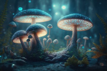 Fototapeta na wymiar Wild mushrooms in the forest. Fairy tale atmosphere. AI generated