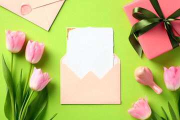 Romantic love letter mockup in pink envelope on green background with tulip flowers and gift box.