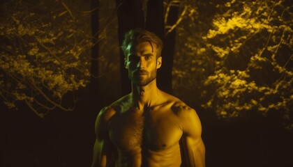 Fototapeta na wymiar Taut man on a night photo shoot in the woods, neon yellow lighting, body beauty, abs, gym photos, Motivation. Generative AI.