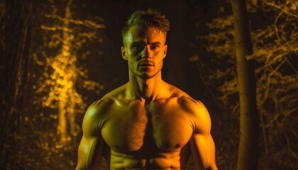 Taut man on a night photo shoot in the woods, neon yellow lighting, body beauty, abs, gym photos, Motivation. Generative AI.