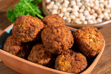 Cooking of healthy vegetarian food, tasty chick pea falafels