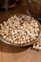Portion of dried uncooked chick peas close up