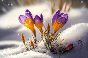 spring flowers crocus blossom on  melt snow