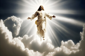 the resurrected Jesus Christ ascending to heaven - obrazy, fototapety, plakaty