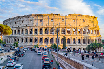 Fototapeta na wymiar The Colosseum, Colosseo, iconic amphitheatre Arena in the centre of the old town of Rome, Roma, just east of the Roman Forum