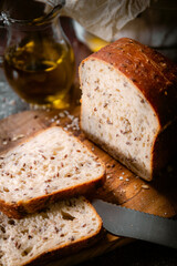 Bakery shop products - various kinds of baguette, bagel, donut, croissant, rolls, bread, puff pastry, powdered sugar delicious pies. Neutral background. Food from bakeries.