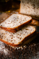 Bakery shop products - various kinds of baguette, bagel, donut, croissant, rolls, bread, puff pastry, powdered sugar delicious pies. Neutral background. Food from bakeries.