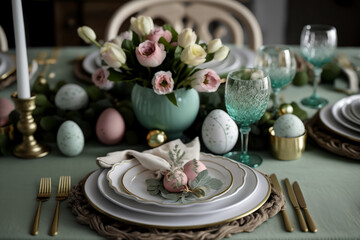 Naklejka premium Beautiful Easter Table Setting With Festive Decor Indoors, Easter Day, Generative Ai