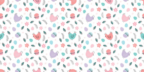 Easter seamless pattern. Background with Chicken , Easter eggs, willow