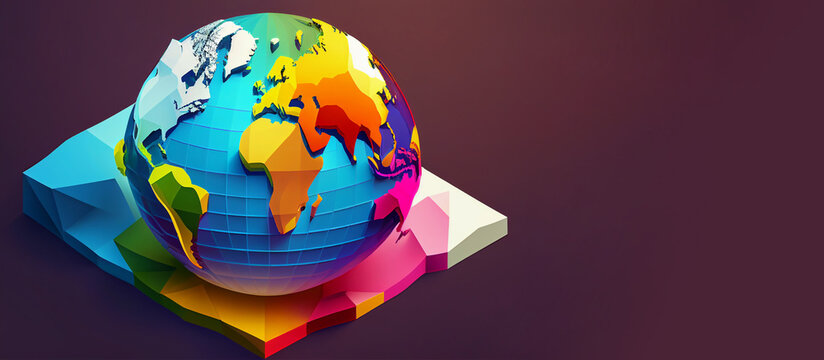 Earth day banner, world globe map graphic stylized colorful, horizontal copy space on red background. Generative AI illustration