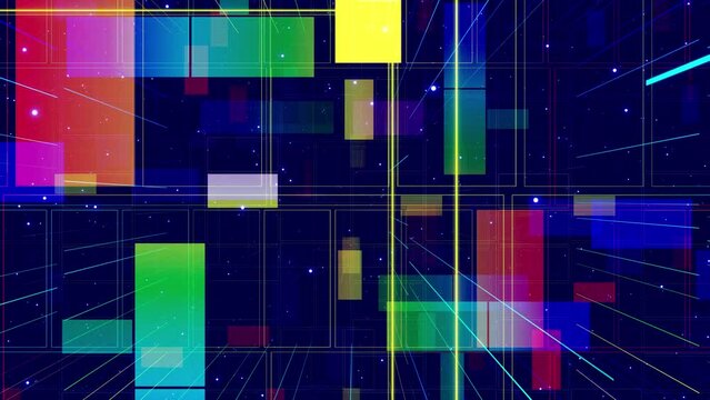 Motion graphic, camera fly throungh abstract art space, multilayer structure with pattern and particles. Glow rectangles, streaks and lines. Rainbow gradient color. Motion design vj loop. 3d structure