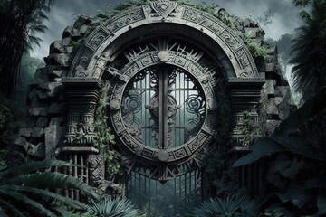 Landscape with mystical portal of ancient ancestors. Generative AI