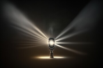 Studio microphone with light rays background, podcast concept. Generative AI