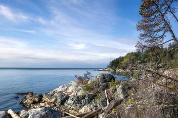 Fototapeta na wymiar Coastal landscape panorama on a sunny day. Idyllic Canadian west coast scenery with pacific ocean, rock cliffs and evergreen trees. West Vancouver, Lighthouse park, BC, Canada. Selective focus.