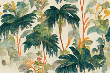 Continuous belt of tropical vegetation pattern, seamless wallpaper, beautiful nature art, generative ai