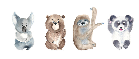 Obraz premium Cute baby animals set. Koala, panda, bear, sloth isolated on white background. Watercolor hand drawn illustration.