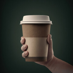A take out coffee cup in a mans hand. Ai Generated