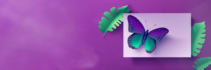 Greeting card with copy space for Happy Birthday or Women's Day. Card in purple tones decorated with butterflies and fern leaves, generative ai.