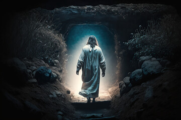 Christ Rose From The Grave, Jesus coming out of the tomb, Romans 6.9 We know that Christ, being raised from the dead, will never die again; death no longer has dominion over him.  - obrazy, fototapety, plakaty