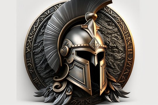 Spartan helmet illustration, white background. Generative AI