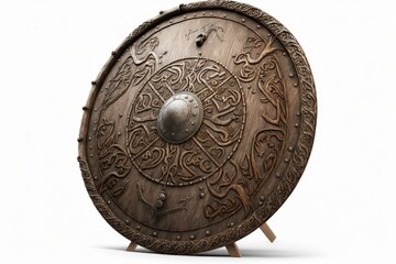 Naklejka premium Wooden viking shield illustration, white background. Generative AI