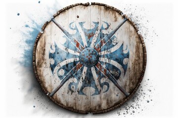 Blue and white viking shield illustration, white background. Generative AI