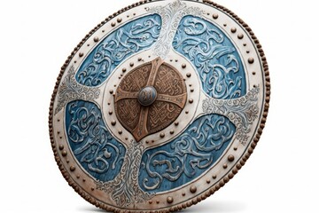 Fototapeta premium Blue and white viking shield illustration, white background. Generative AI