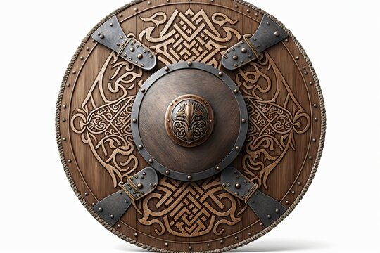 Wooden viking shield illustration, white background. Generative AI