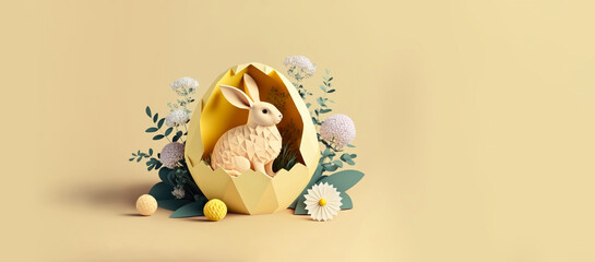 Easter beige bunny sitting inside an Easter yellow egg with flowers on a yellow background in paper cut art postcard. Horizontal Illustration. Generative AI.