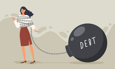 Businesswoman chained by a giant weight debt. Concept of office lady's financial crisis, obligation, responsibility, burden, money management, exhausted worker, servitude. Flat vector illustration.