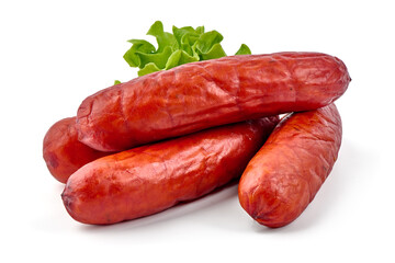Smoked Pork sausages, close-up, isolated on white background.