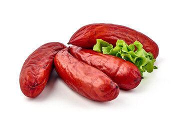 Smoked Pork sausages, close-up, isolated on white background.