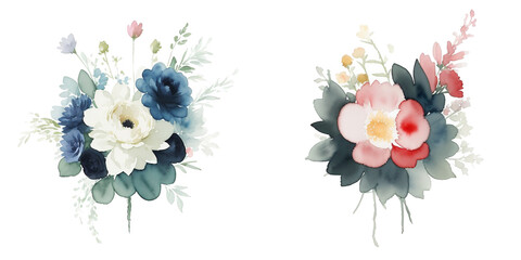 Respectful Flower Bouquets for Sorrow and Congratulations, Circular Blue and Red Isolated on White, Watercolor Style Illustration by Generative AI - obrazy, fototapety, plakaty
